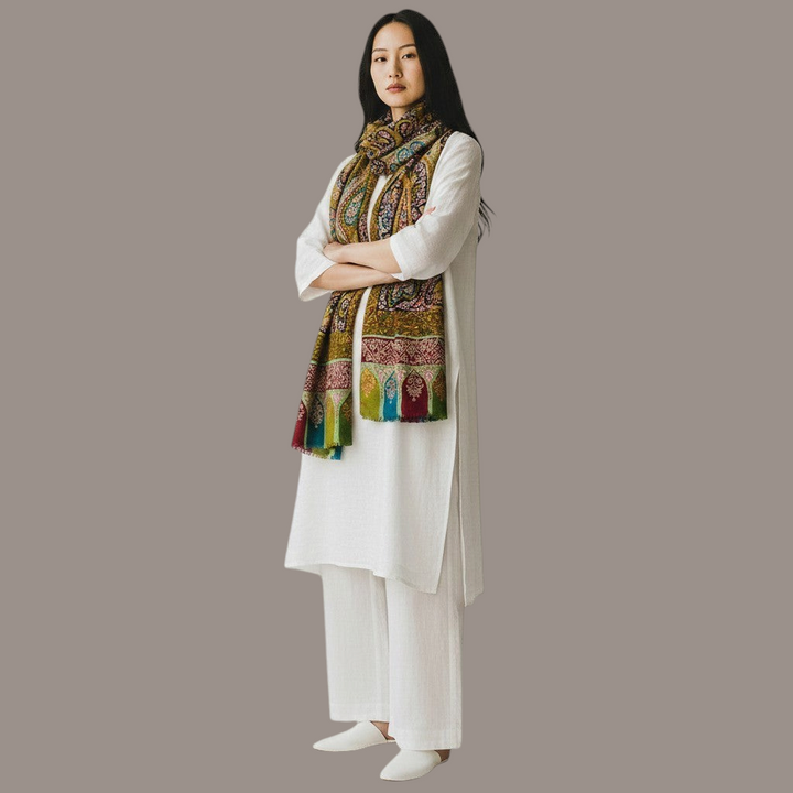 Indus Weavers Kalamkari Pashmina Shawl FLORIANA with Sozni Embroidery in green, maroon, and red with paisley and floral motifs.