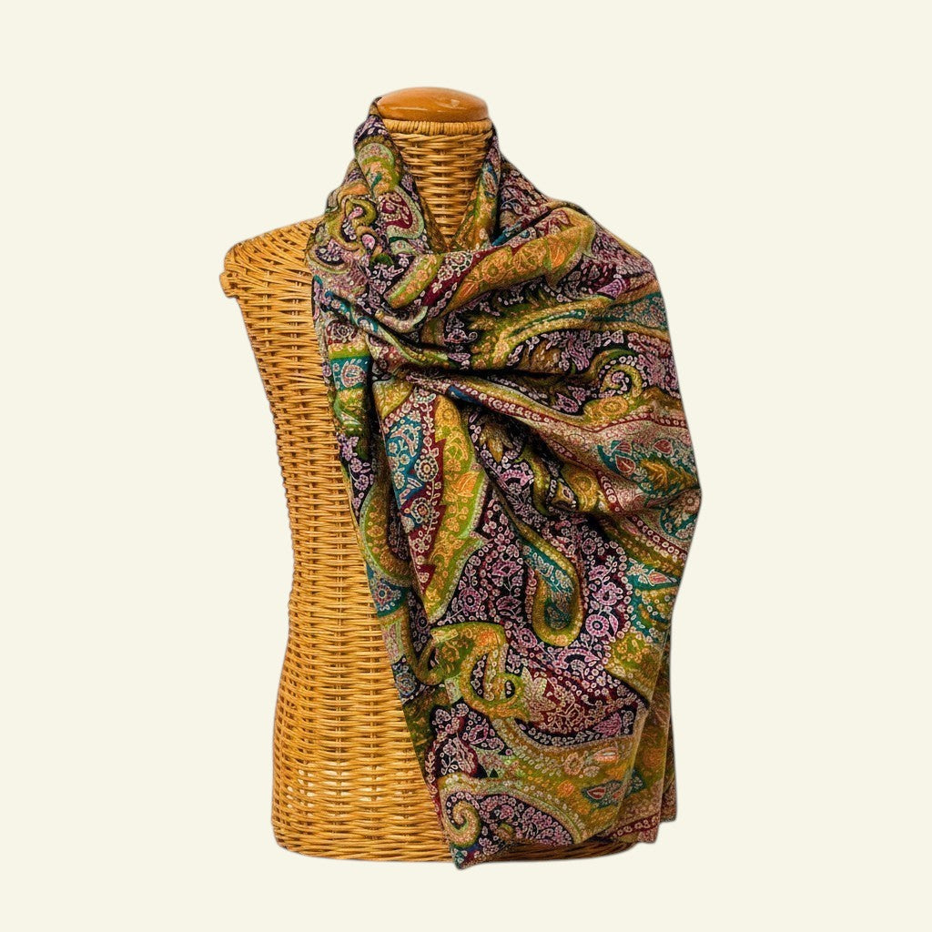 Indus Weavers Kalamkari Pashmina Shawl FLORIANA with Sozni Embroidery in deep green, maroon, and red with paisley and floral motifs.
