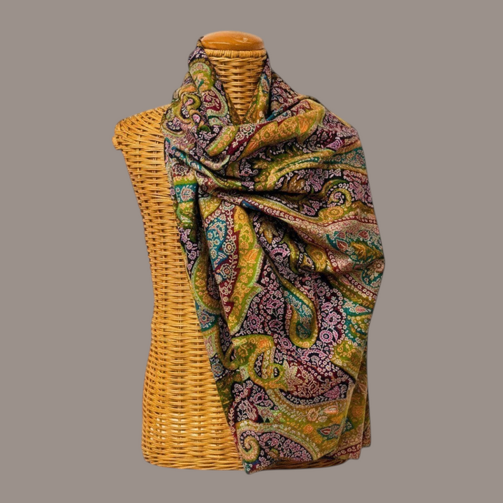 Indus Weavers Kalamkari Pashmina Shawl FLORIANA with Sozni Embroidery in deep green, maroon, and red with paisley and floral motifs.