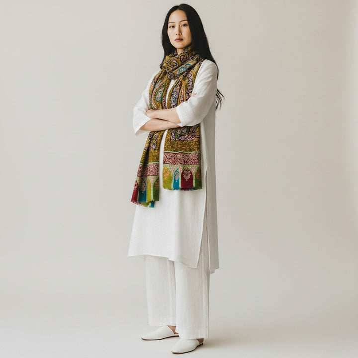 Indus Weavers Kalamkari Pashmina Shawl FLORIANA with Sozni Embroidery in green, maroon, and red with paisley and floral motifs.