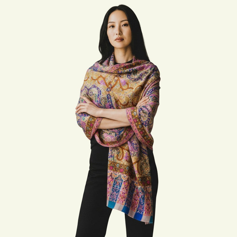VICTORIA Kalamkari Pashmina – Close-Up of Multicolour Paisley & Floral Hand-Painted Motifs with Aari Sozni Embroidery | Indus Weavers