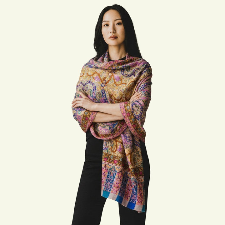 VICTORIA Kalamkari Pashmina – Close-Up of Multicolour Paisley & Floral Hand-Painted Motifs with Aari Sozni Embroidery | Indus Weavers