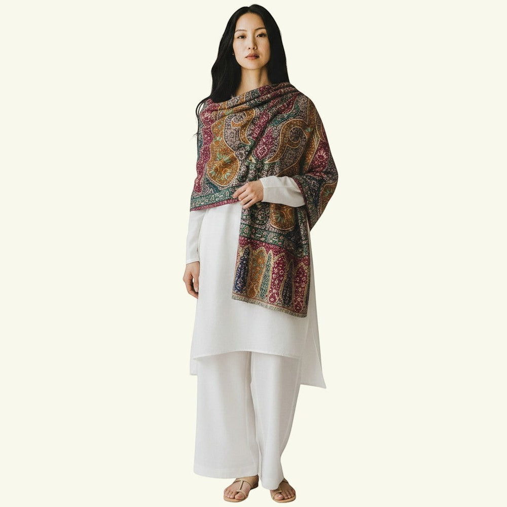 RANEE Pure Kashmiri Pashmina – Detail of Aari Sozni Embroidery over Hand-Painted Organic Dye Kalamkari Motifs | Indus Weavers