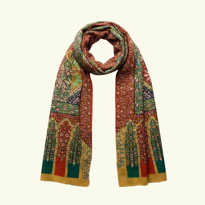 RANEE Kalamkari Pashmina – Close-Up of Hand-Painted Red & Brown Mandala with Aari Sozni Embroidery Detail | Indus Weavers