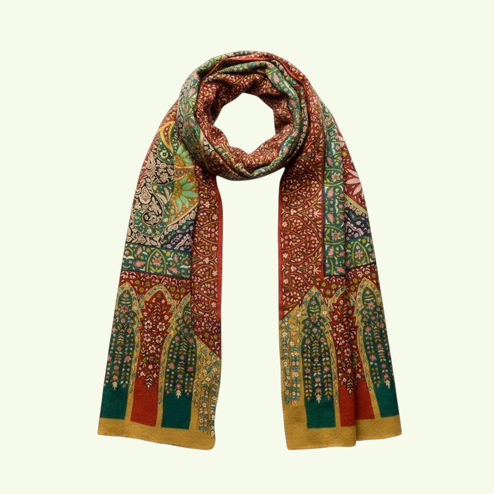 RANEE Kalamkari Pashmina – Close-Up of Hand-Painted Red & Brown Mandala with Aari Sozni Embroidery Detail | Indus Weavers