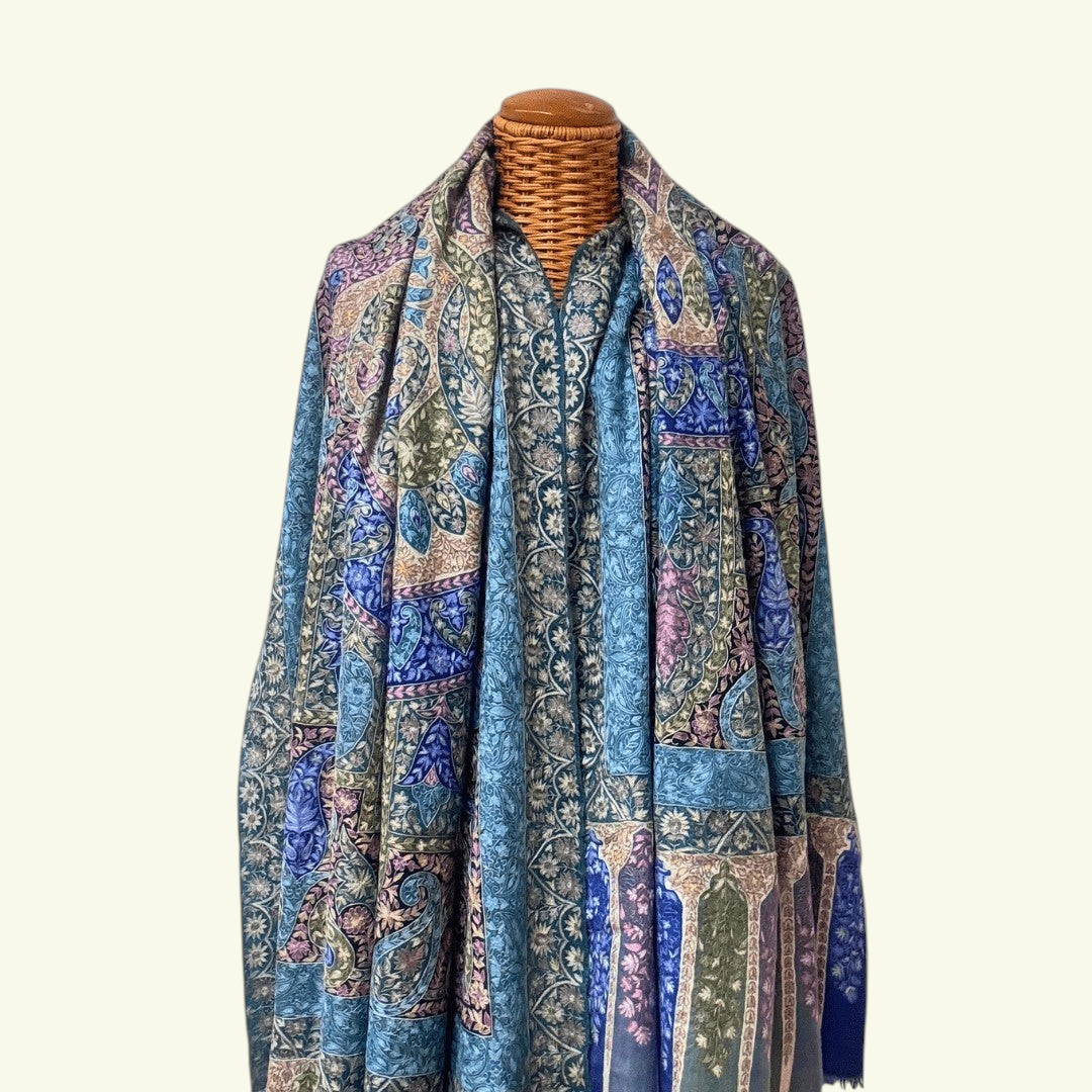 Indus Weavers Regina Pashmina shawl in blue and green with intricate Kalamkari hand painting and Sozni embroidery.