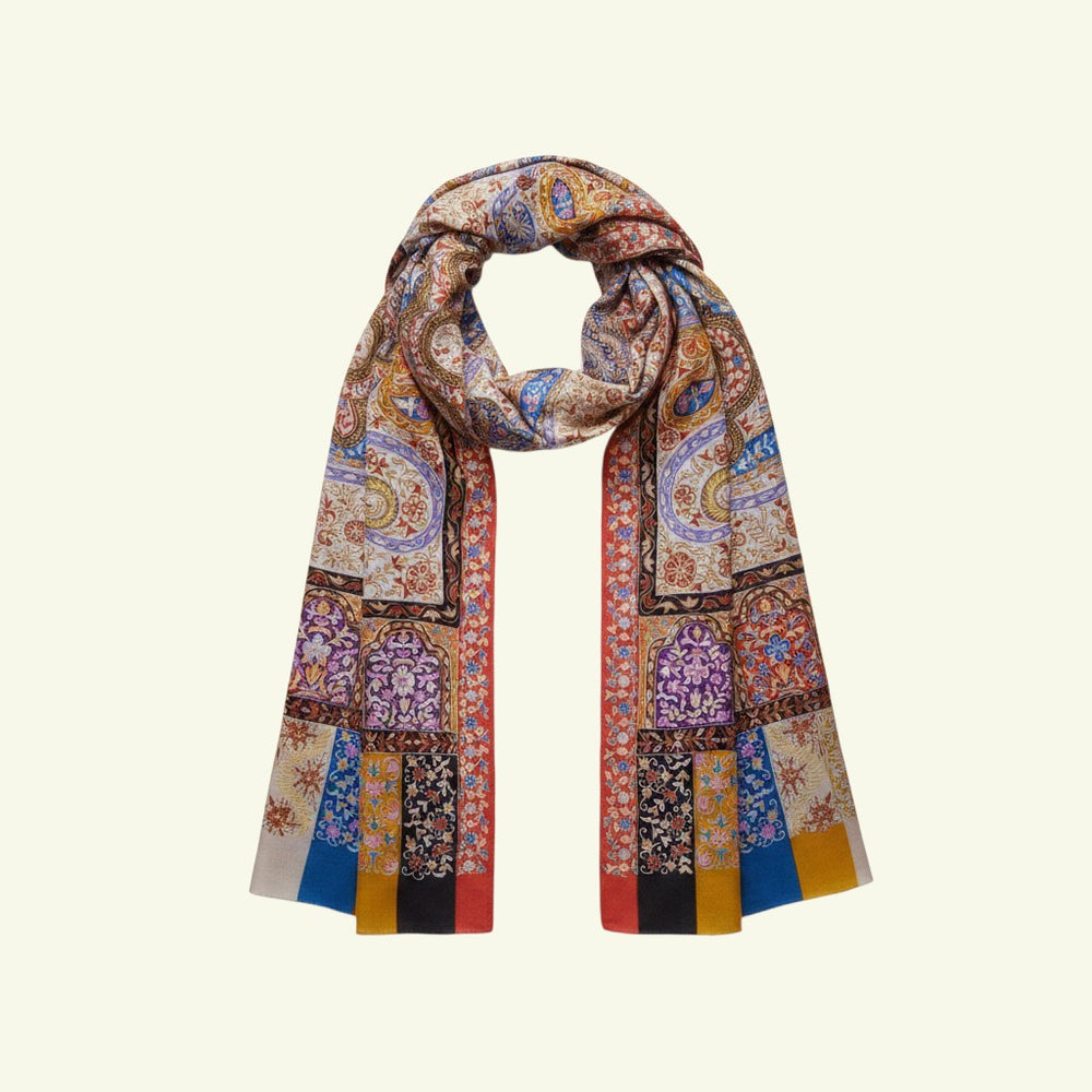 MONALISA Kalamkari Pashmina – Close-Up of Organic Dye Hand-Painted Floral & Heritage Motifs with Aari Sozni Embroidery | Indus Weavers