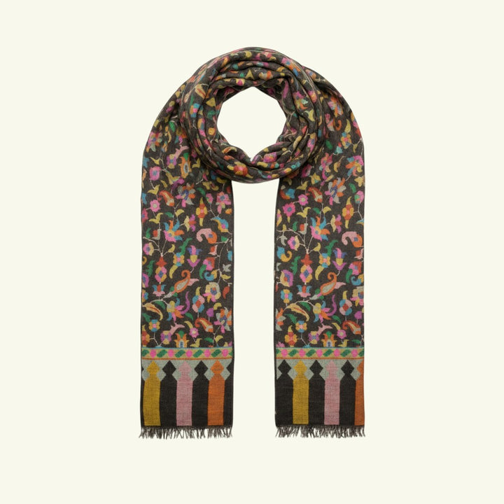 Indus Weavers greyish black pure Pashmina Kani shawl with multicolour floral and border patterns. Handwoven.