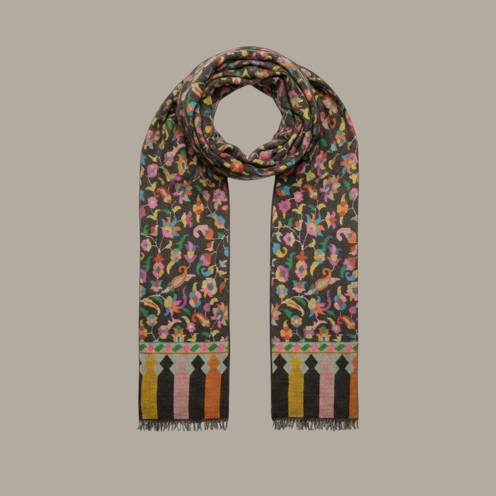 Indus Weavers greyish black pure Pashmina Kani shawl with multicolour floral and border patterns. Handwoven.