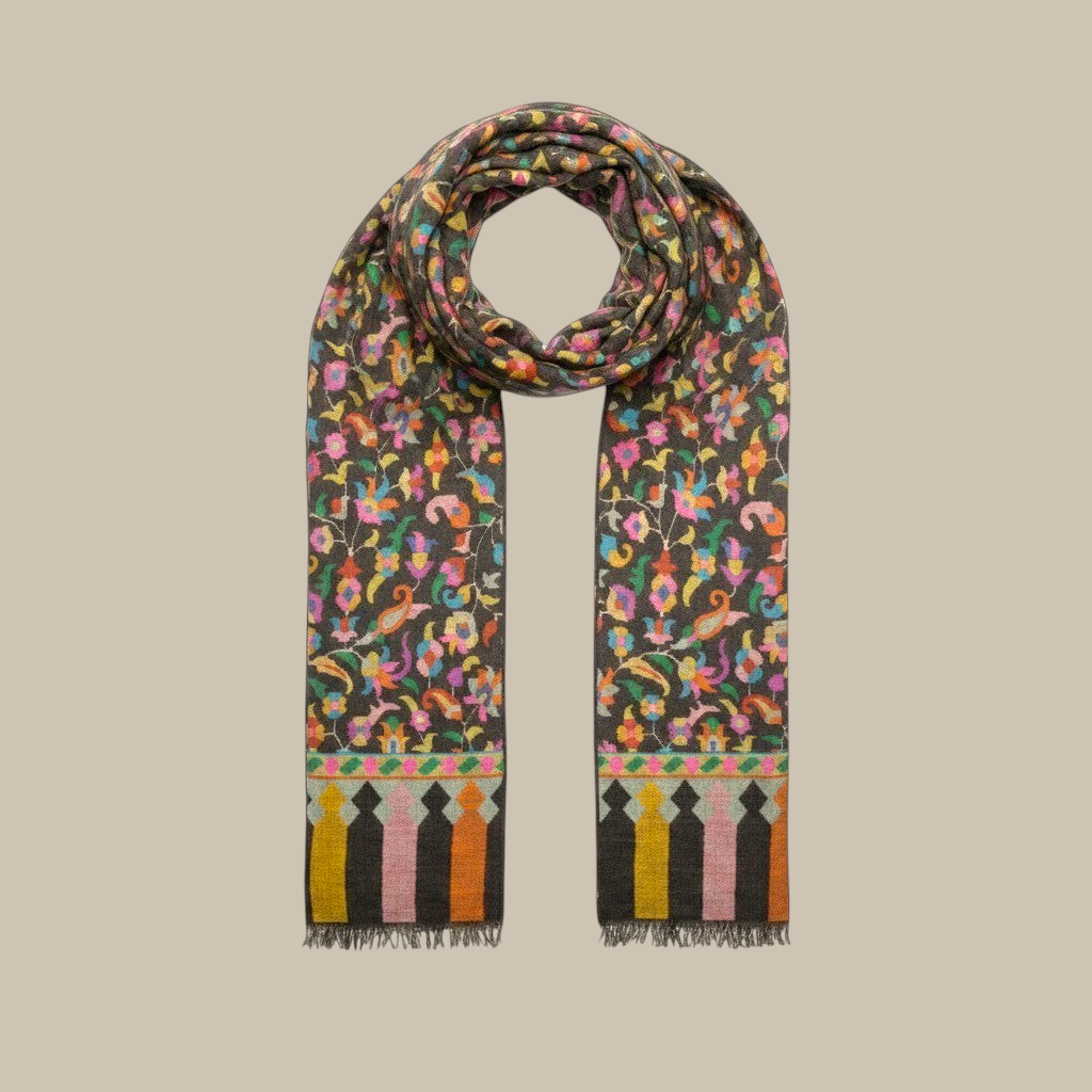 Indus Weavers greyish black pure Pashmina Kani shawl with multicolour floral and border patterns. Handwoven.