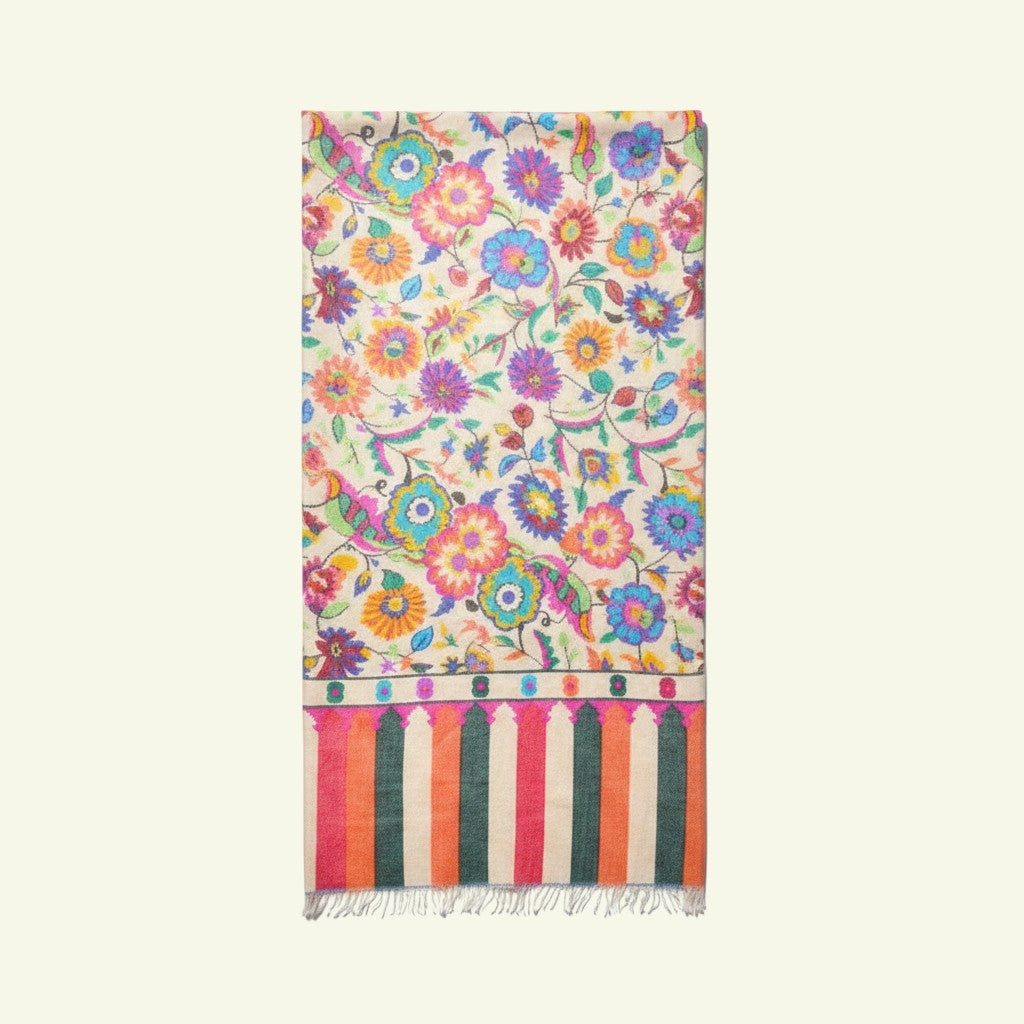 Indus Weavers handwoven ivory Kani Pashmina shawl with multicoloured floral motifs and striped border. 100% pure cashmere.