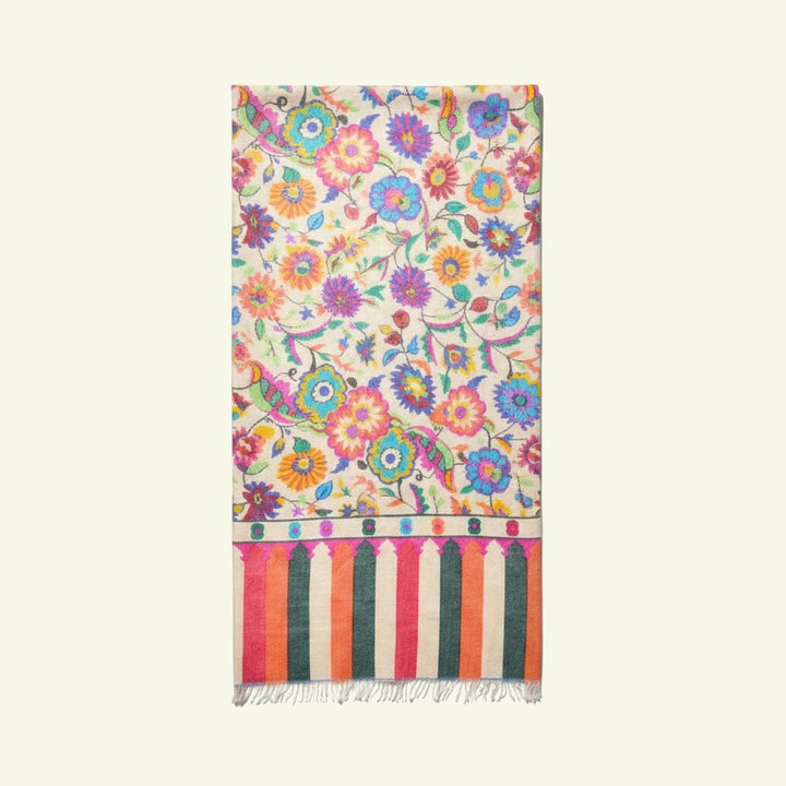 Indus Weavers handwoven ivory Kani Pashmina shawl with multicoloured floral motifs and striped border. 100% pure cashmere.