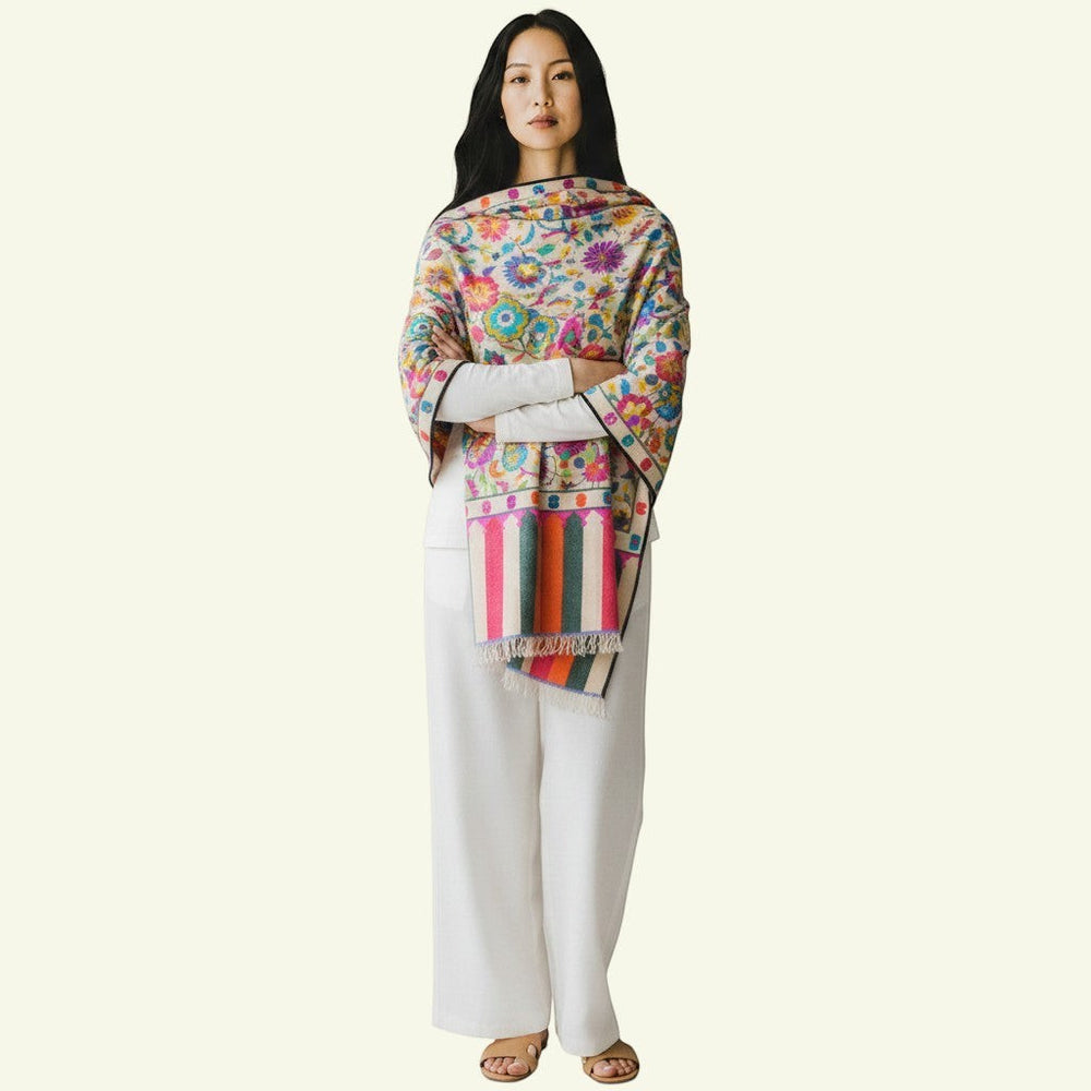 ERIS Pure Kashmiri Kani Pashmina – Close-Up of Multicolour Almond Floral Motifs on Ivory Handwoven Cashmere | Indus Weavers