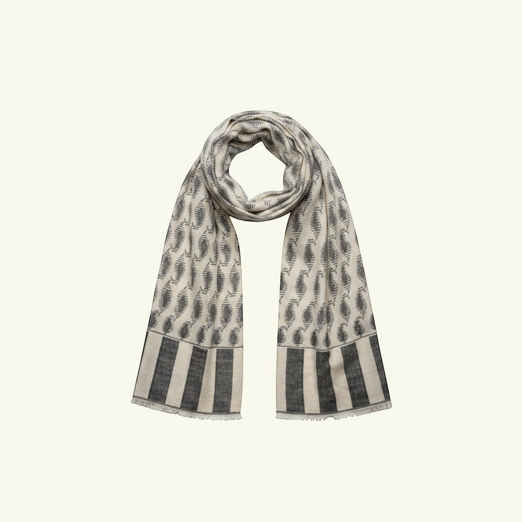 Indus Weavers handwoven white and black paisley Kani Pashmina shawl. 100% pure cashmere, 100x200cm.