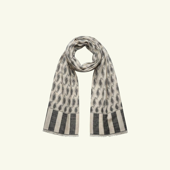 Indus Weavers handwoven white and black paisley Kani Pashmina shawl. 100% pure cashmere, 100x200cm.