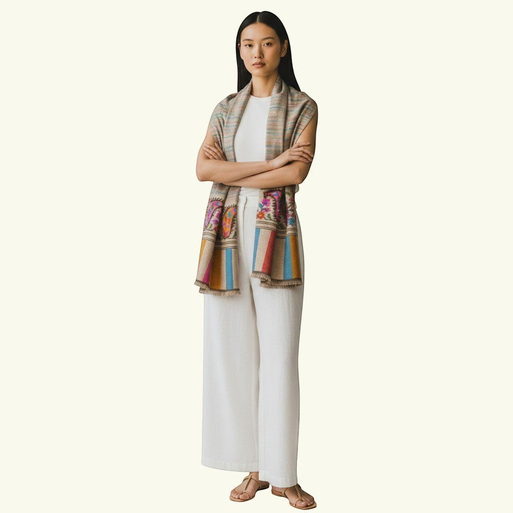 KHADI Handwoven Kani Pashmina – Detail of Traditional Paisley Motifs Woven into Natural Undyed Cashmere Base | Indus Weavers