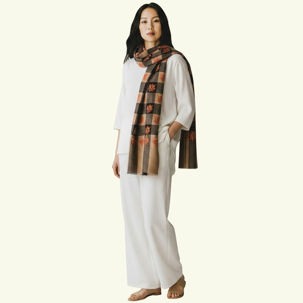 CHLOE Pure Pashmina Shawl – Draped View Showing Classic Checkered Weave & Copper-Orange Sozni Needlework | Indus Weavers