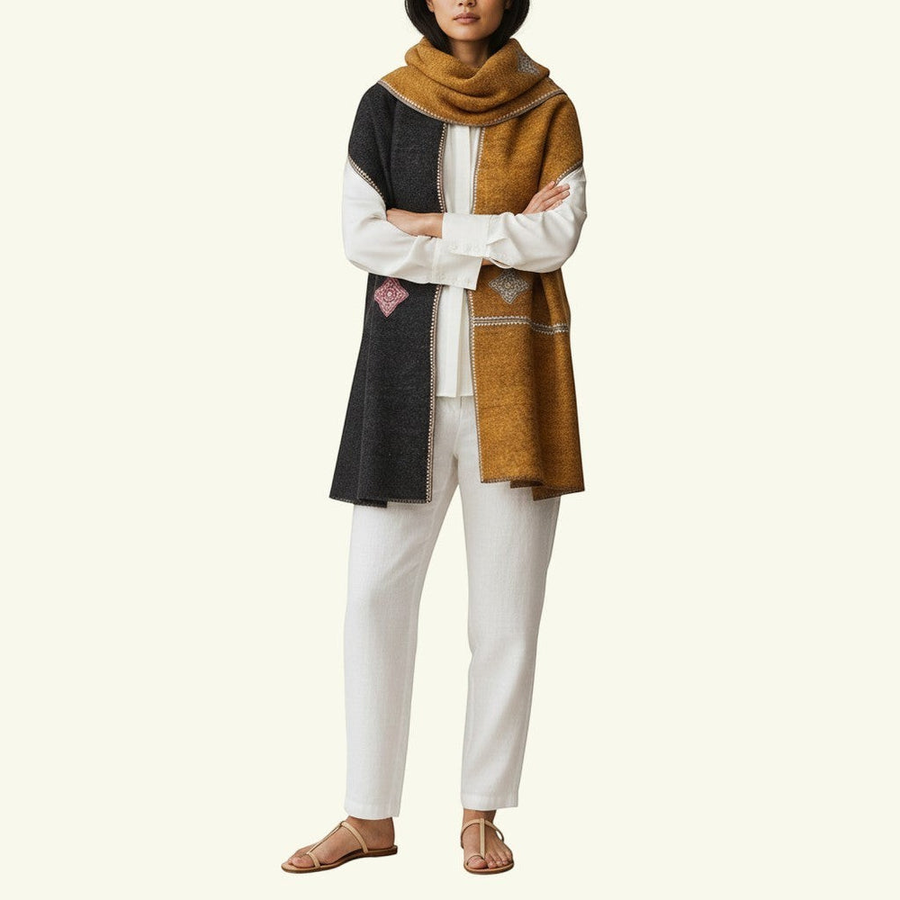 Indus Weavers REVERE reversible pure Kashmiri pashmina shawl in dark brown and mustard with Aksi embroidery.
