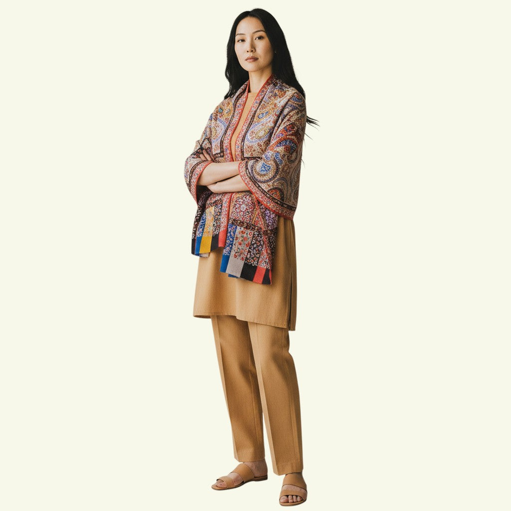 Indus Weavers cream pashmina shawl with intricate hand-painted Kalamkari floral motifs in brown, red, purple, and blue.