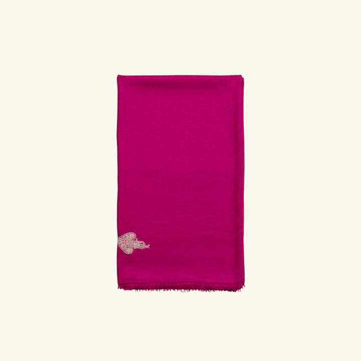ROZY Kashmiri Cashmere Wrap – Detail of White & Pink Hashidaar Needlework Embroidery on Magenta Pure Pashmina | Indus Weavers