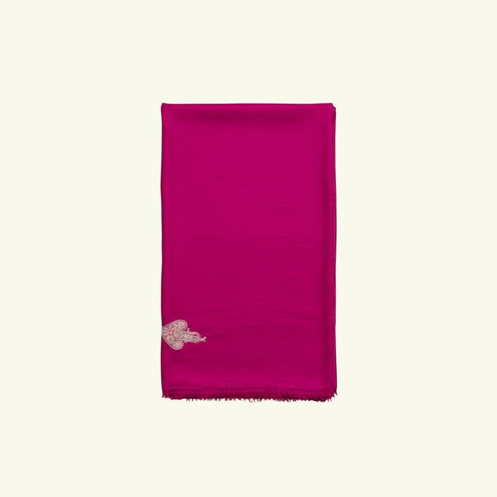 ROZY Kashmiri Cashmere Wrap – Detail of White & Pink Hashidaar Needlework Embroidery on Magenta Pure Pashmina | Indus Weavers
