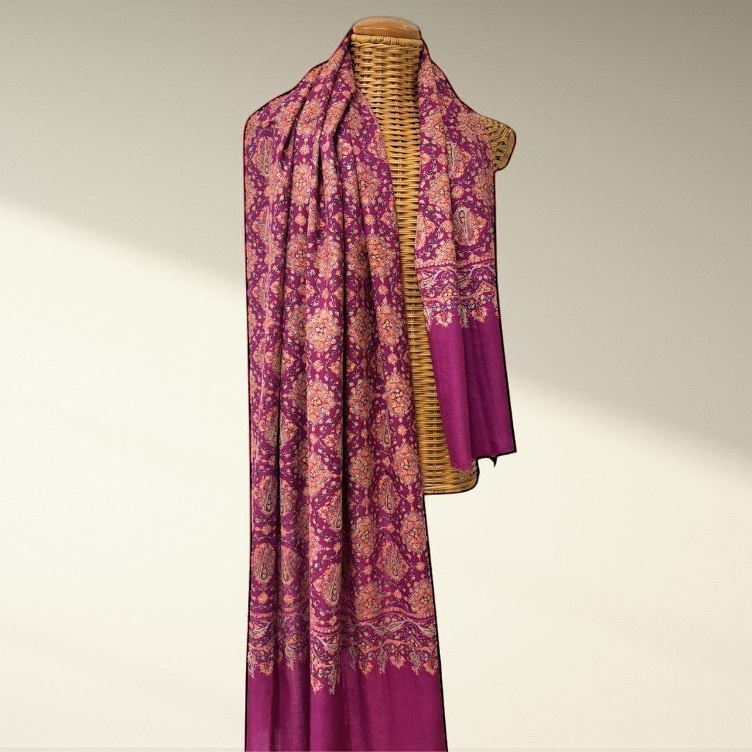 Indus Weavers GULNAR handwoven pure Kashmiri Pashmina shawl in magenta with intricate Sozni embroidery and Jamawar pattern.