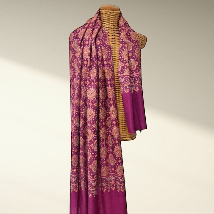 Indus Weavers GULNAR handwoven pure Kashmiri Pashmina shawl in magenta with intricate Sozni embroidery and Jamawar pattern.