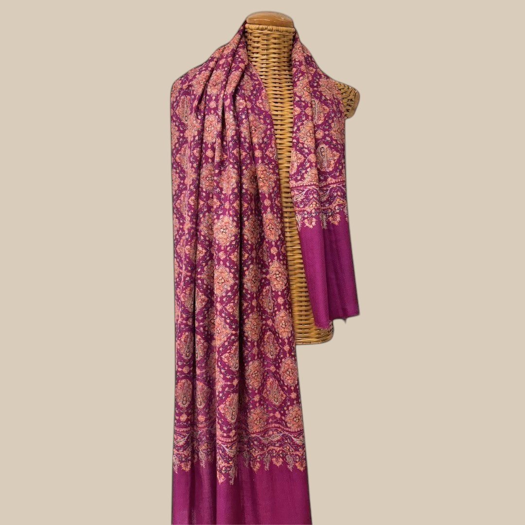 Indus Weavers GULNAR handwoven pure Kashmiri Pashmina shawl in magenta with intricate Sozni embroidery and Jamawar pattern.