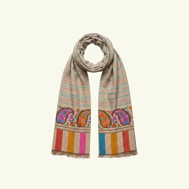 KHADI Kani Pashmina Shawl – Close-Up of Multicolour Paisley Kani Weave Pattern & Striped Border Detail | Indus Weavers