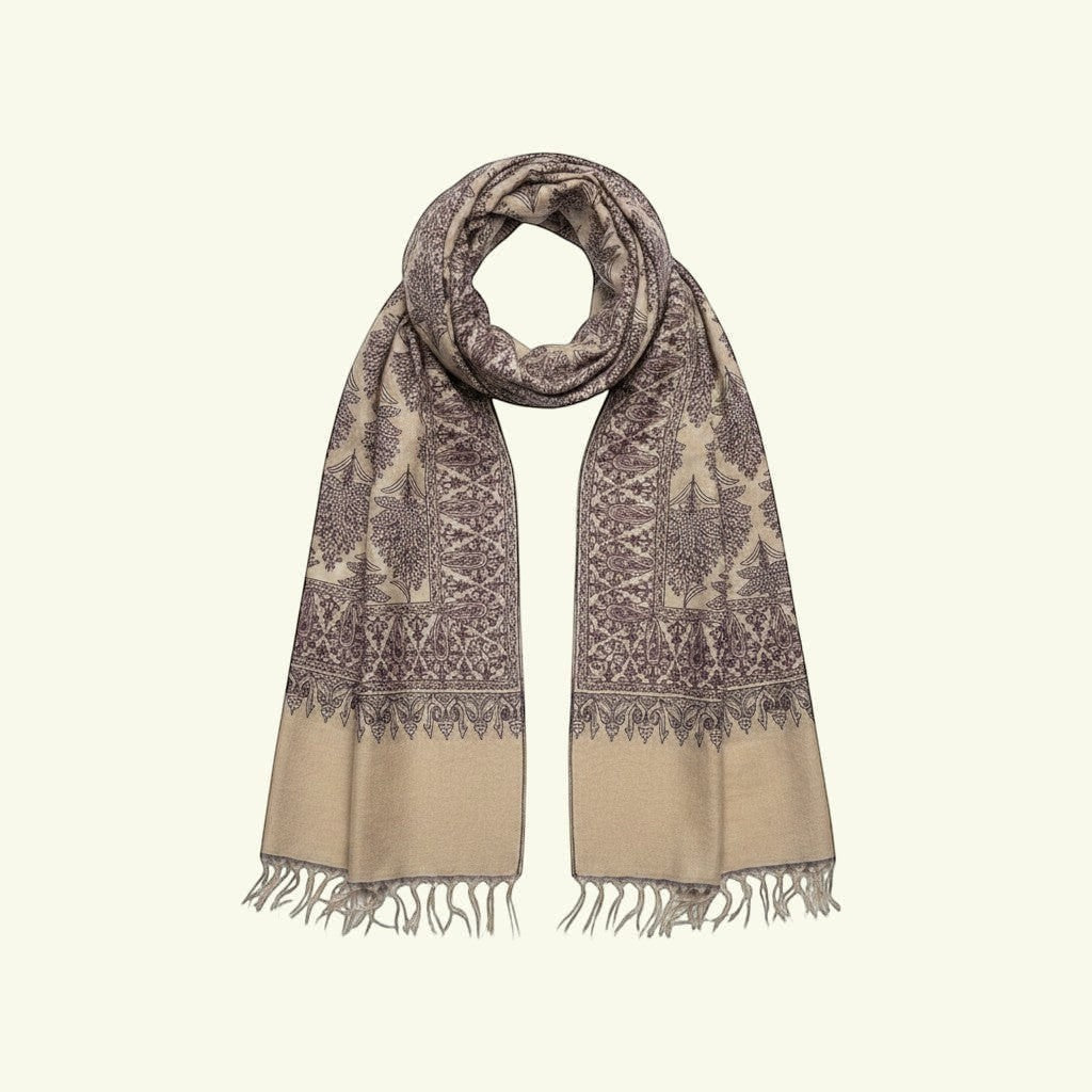 Indus Weavers Lumora beige cashmere pashmina shawl with intricate purple Sozni Jamawar embroidery and fringe detail.