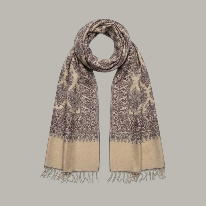 Indus Weavers Lumora beige cashmere pashmina shawl with intricate purple Sozni Jamawar embroidery and fringe detail.