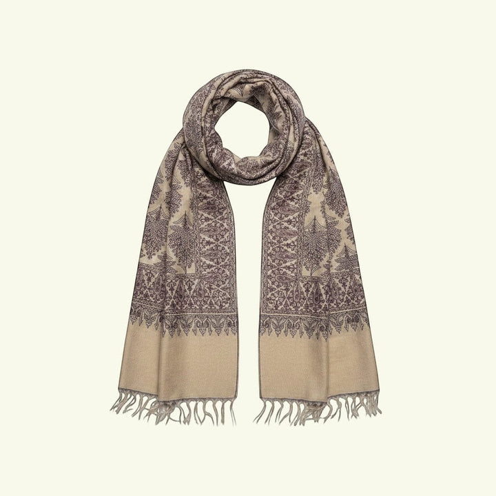 Indus Weavers Lumora beige cashmere pashmina shawl with intricate purple Sozni Jamawar embroidery and fringe detail.