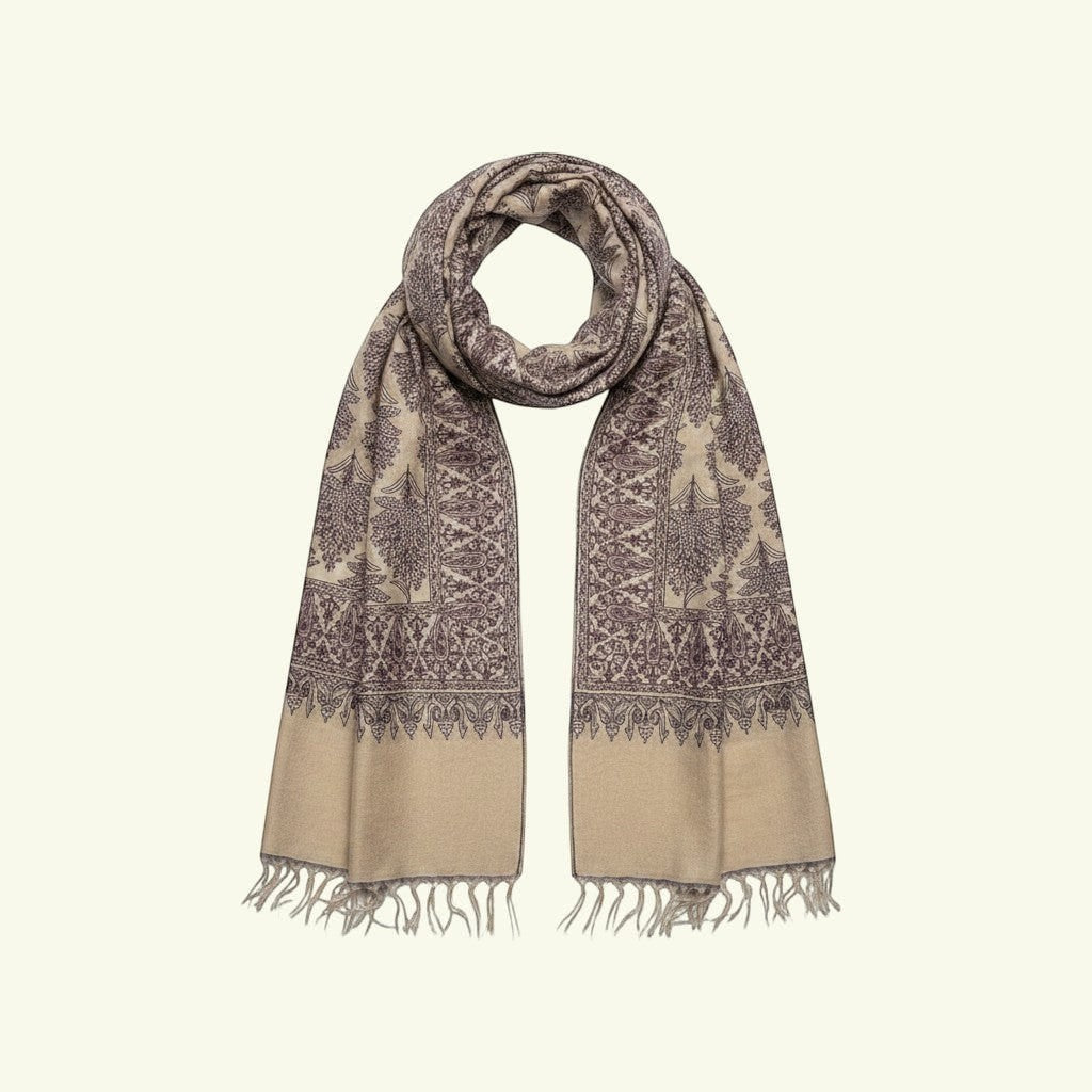 Indus Weavers Lumora beige cashmere pashmina shawl with intricate purple Sozni Jamawar embroidery and fringe detail.