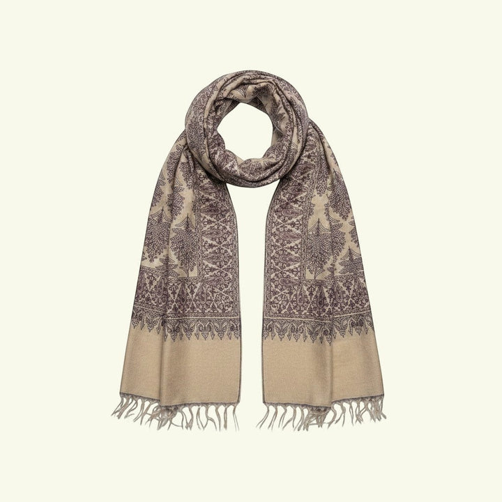 Indus Weavers Lumora beige cashmere pashmina shawl with intricate purple Sozni Jamawar embroidery and fringe detail.