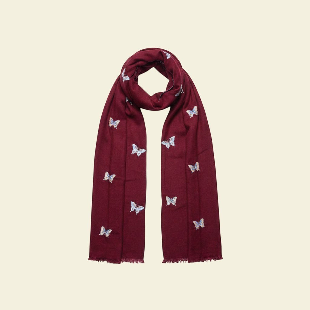 FLURTY Pure Pashmina Cashmere Scarf – Close-Up of Sozni Embroidered Butterfly Detail on Maroon Cashmere | Indus Weavers