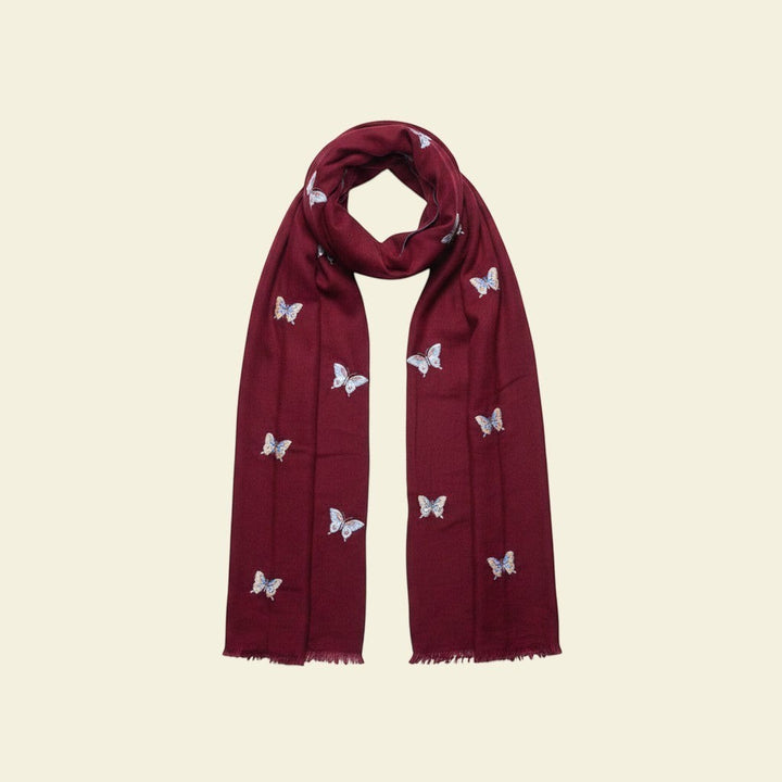 FLURTY Pure Pashmina Cashmere Scarf – Close-Up of Sozni Embroidered Butterfly Detail on Maroon Cashmere | Indus Weavers