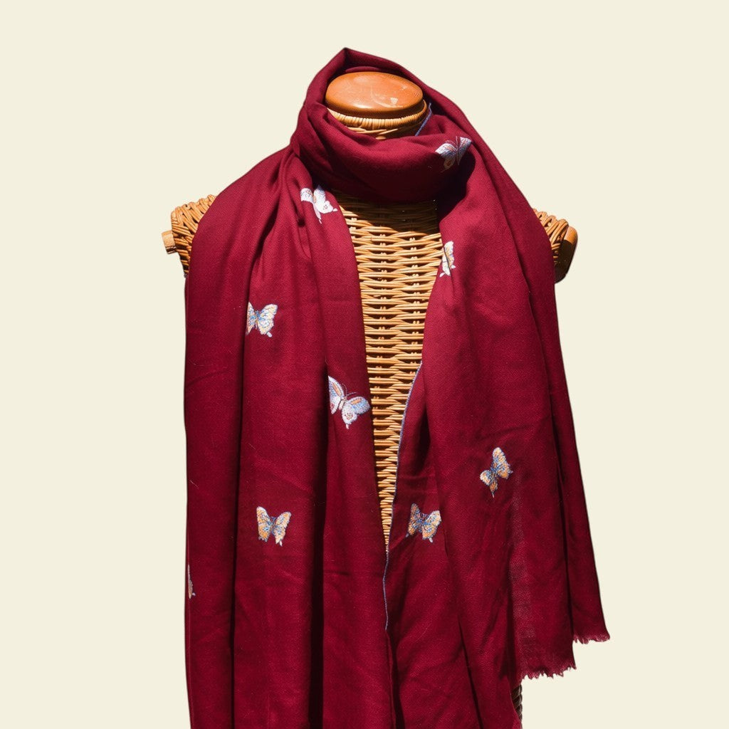 FLURTY Kashmiri Pashmina Shawl – Maroon Variant Full View with Sozni Hand-Embroidered Butterflies All Over | Indus Weavers