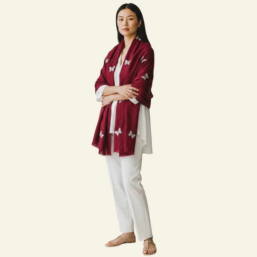 FLURTY Kashmiri Cashmere Shawl – Flat Lay Showing Full 100x200cm Maroon Pashmina with Butterfly Embroidery | Indus Weavers