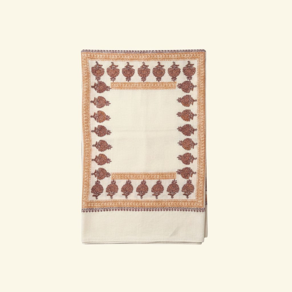 Indus Weavers MIELE ivory cashmere pashmina shawl with metallic Tilla zari embroidery on borders.