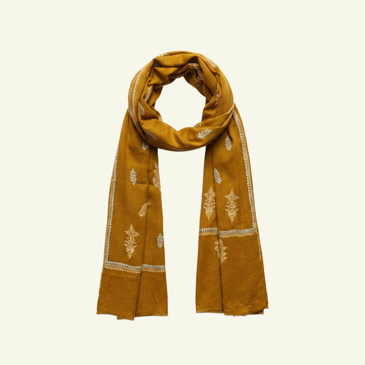 Indus Weavers ORNELLA mustard yellow 100% pashmina scarf with white floral embroidery and silver border.