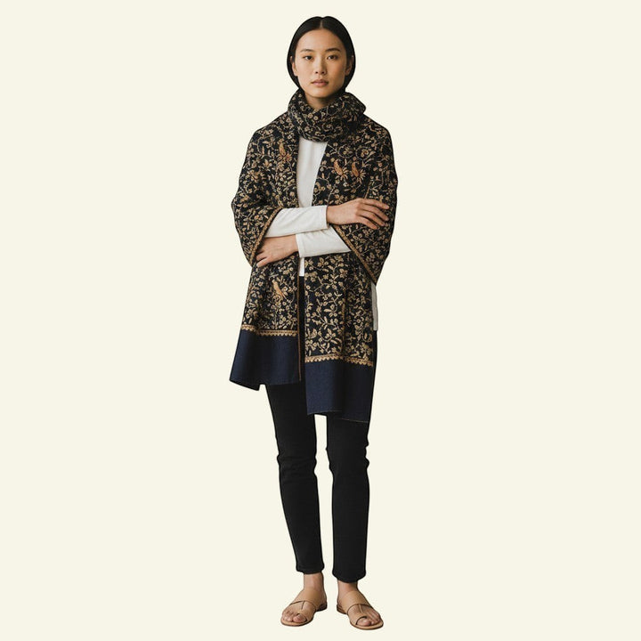 NOIRELLE Luxury Cashmere Wrap – Close-Up of Intricate Floral & Paisley Sozni Embroidery Detail | Indus Weavers