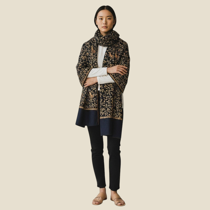 NOIRELLE Luxury Cashmere Wrap – Close-Up of Intricate Floral & Paisley Sozni Embroidery Detail | Indus Weavers