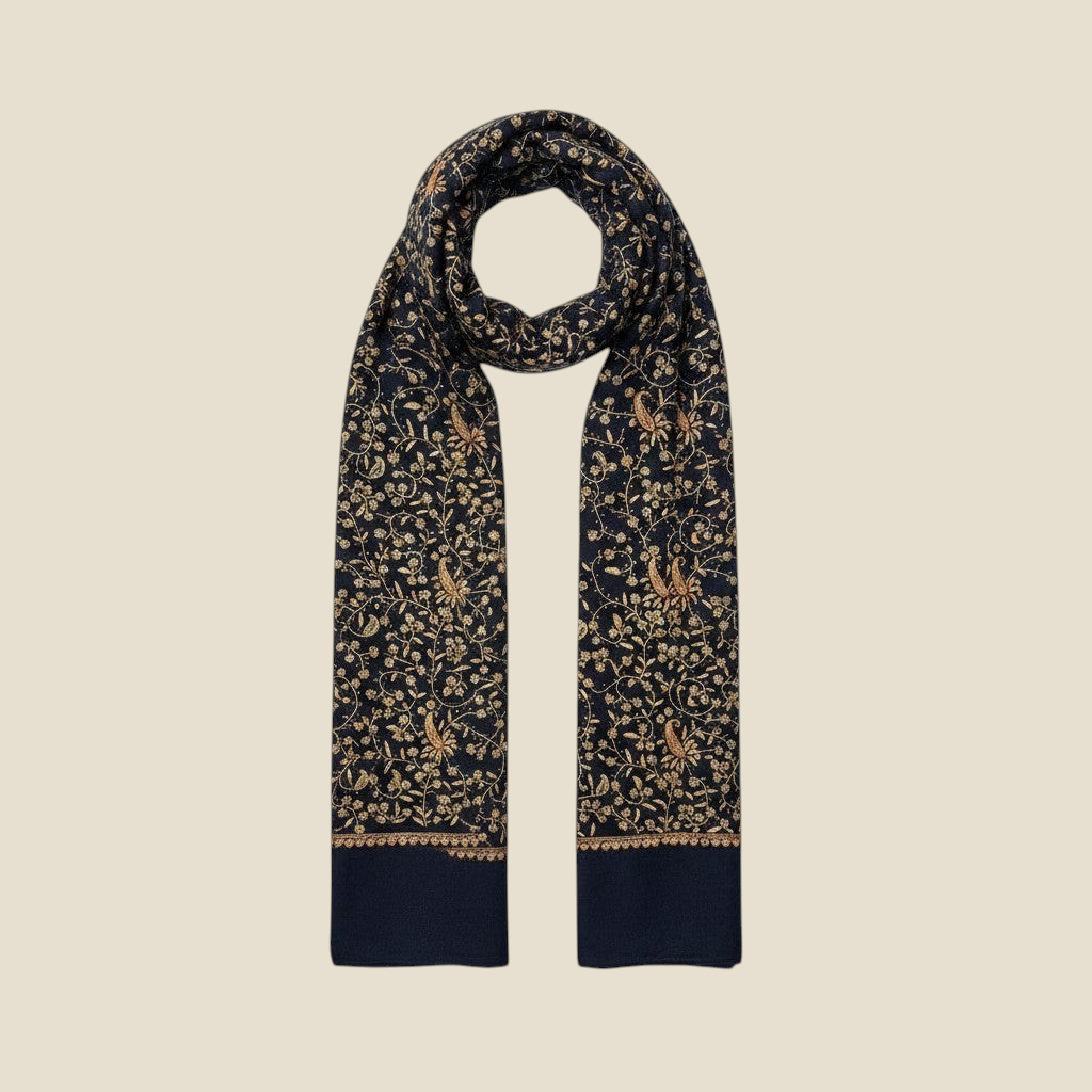 NOIRELLE Cashmere Shawl – Navy Blue with All-Over Antique Sozni Paisley Needlework | Indus Weavers