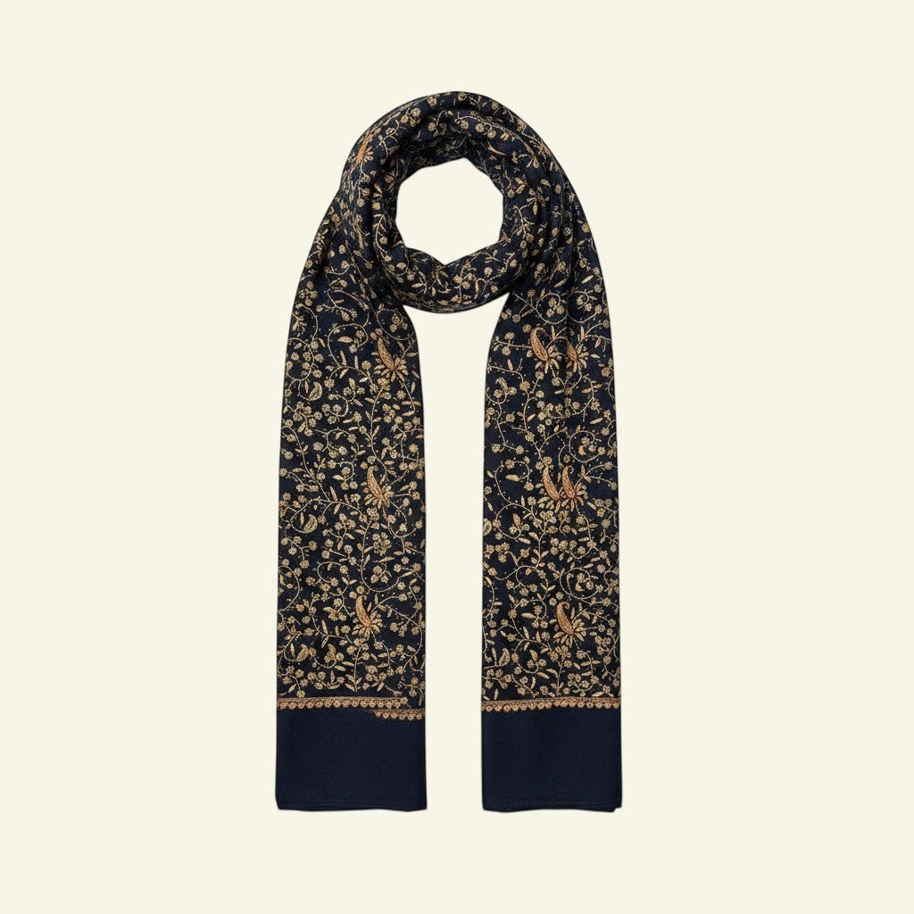NOIRELLE Cashmere Shawl – Navy Blue with All-Over Antique Sozni Paisley Needlework | Indus Weavers