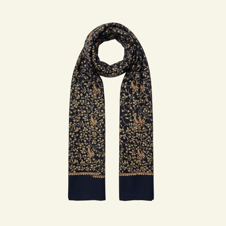 NOIRELLE Cashmere Shawl – Navy Blue with All-Over Antique Sozni Paisley Needlework | Indus Weavers