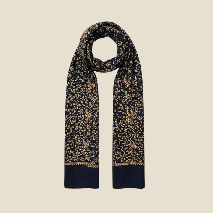 NOIRELLE Cashmere Shawl – Navy Blue with All-Over Antique Sozni Paisley Needlework | Indus Weavers