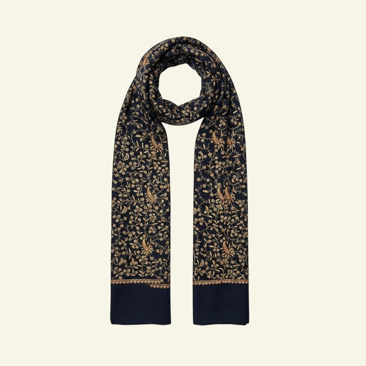 NOIRELLE Cashmere Shawl – Navy Blue with All-Over Antique Sozni Paisley Needlework | Indus Weavers