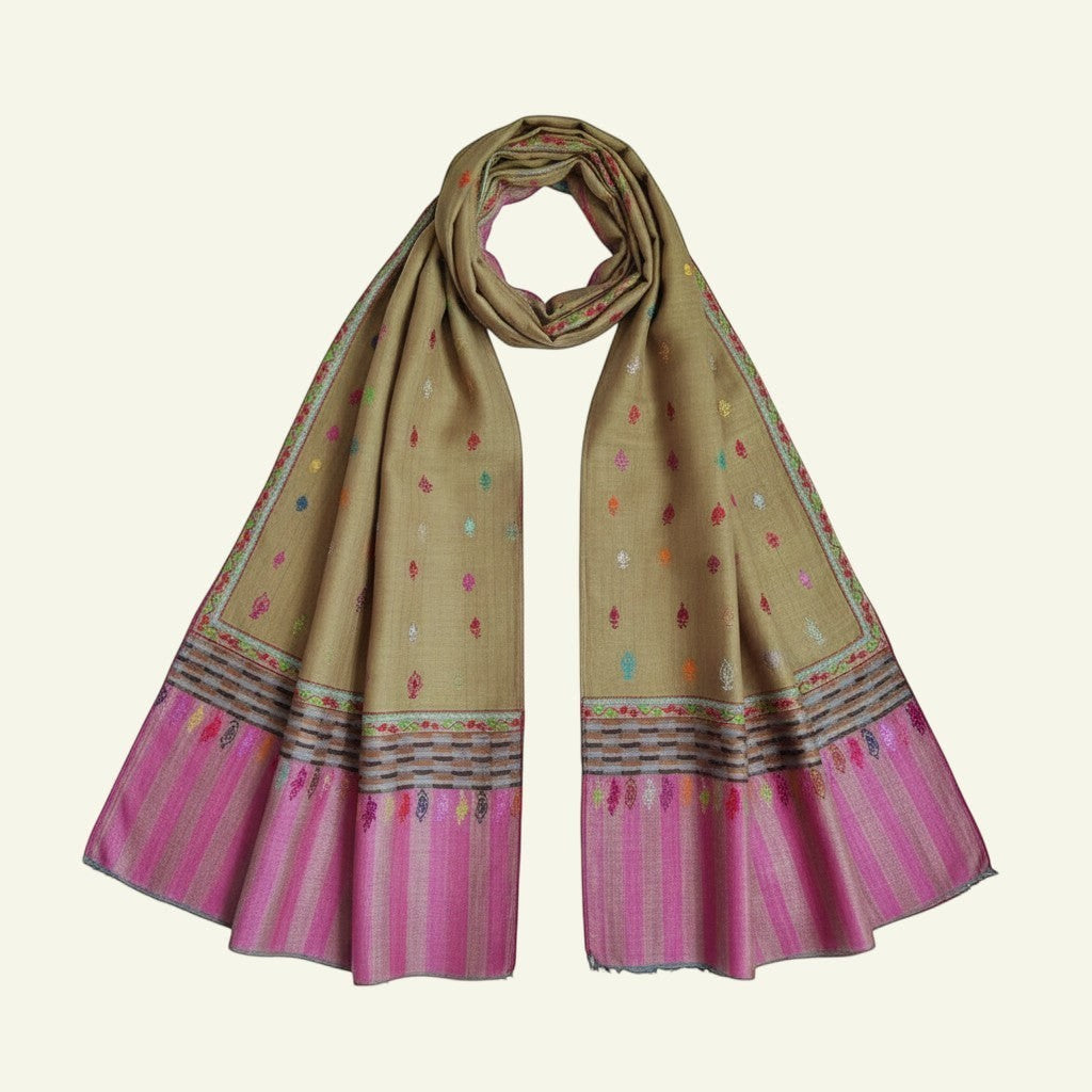 Indus Weavers olive green pure Pashmina shawl with pink border and multicolor embroidery. Handcrafted Kashmiri wool wrap.