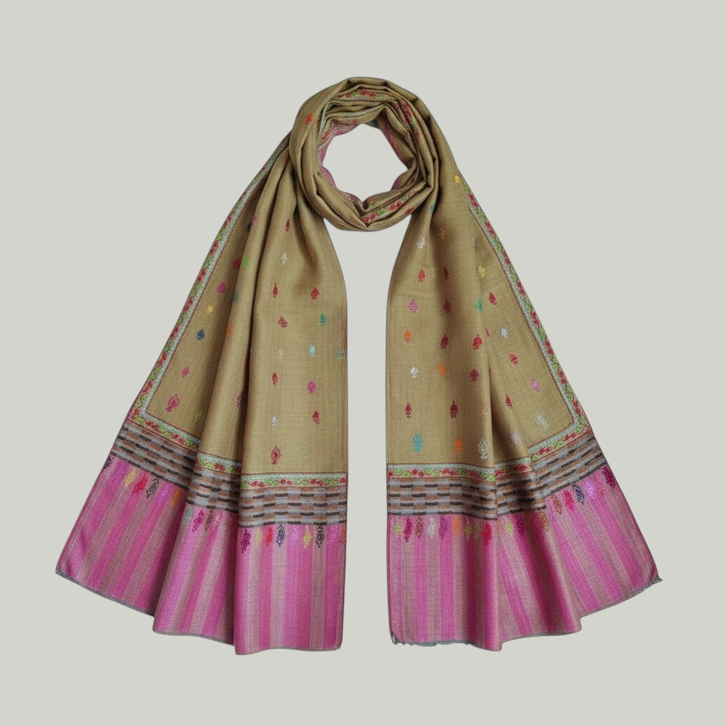 Indus Weavers olive green pure Pashmina shawl with pink border and multicolor embroidery. Handcrafted Kashmiri wool wrap.