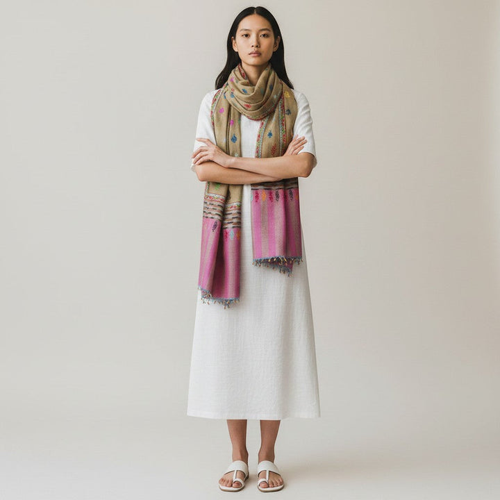 Indus Weavers olive green pure Pashmina shawl with pink woven borders and multicolor embroidery.